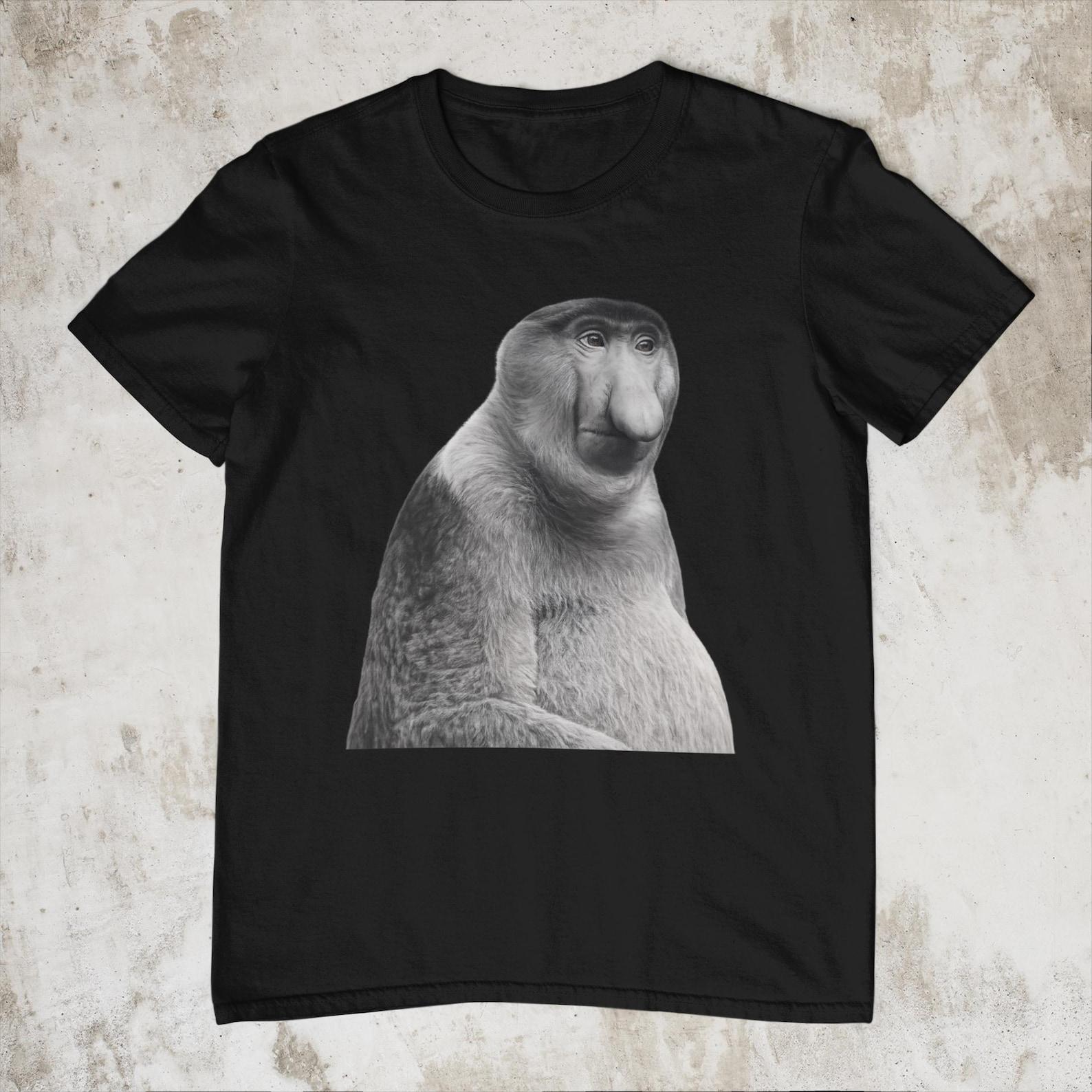 Funny Proboscis Monkey Shirt Black and White, Viral Monkey Meme T-Shirt, Sad Monkey Graphic Tee, Weird Monkey Streetwear, Funny Animal Shirt L