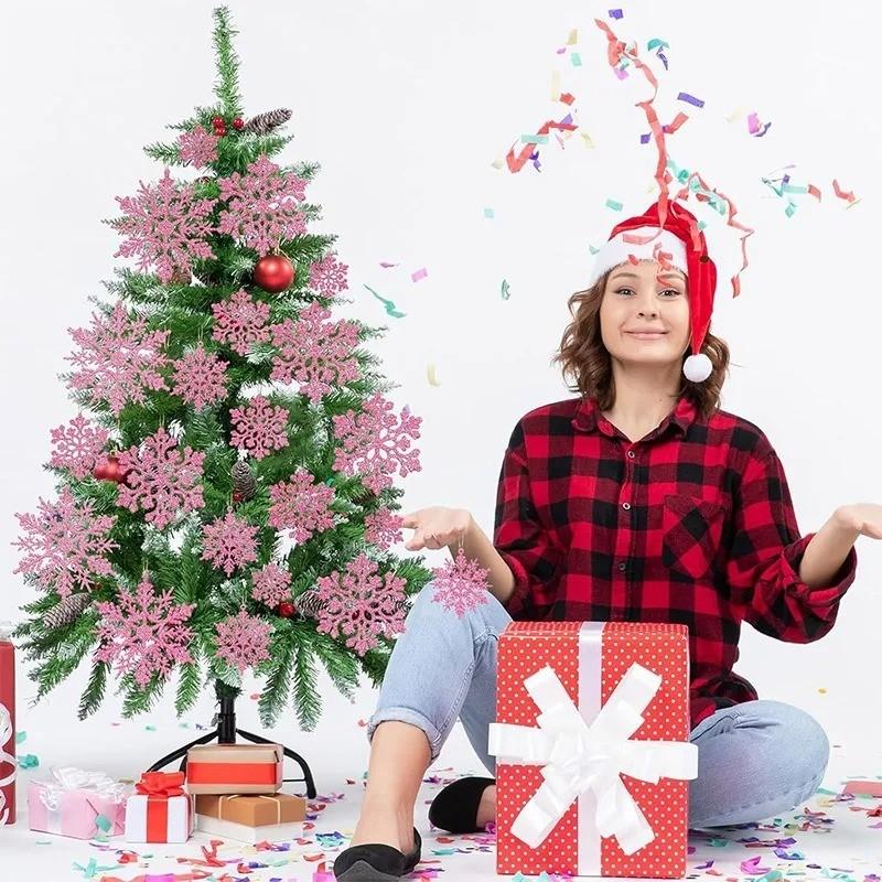 12 stk/sett Rosa Glitter Snøfnuggpynt Juledekorasjon Hengende Juletre Anheng for Hjemmeinnredning Vinterfestrekvisitter