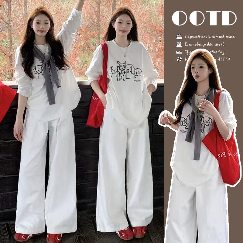 2026 Summer Korean Maternity Set: Puppy Print White Top & Drawstring Wide-Leg Pants 2XL