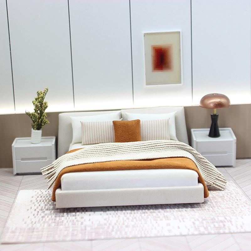 Dollhouse New Cream Style Double Bed Model Micro Scene Model Miniature Furniture Dolls Accessory Simulated Furniture Ornament