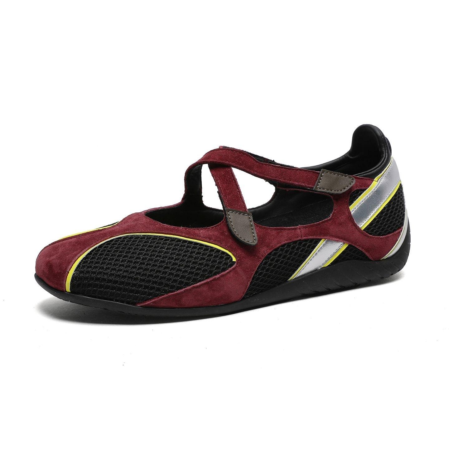 

Cowhide version~ niche leather flat-bottomed ballet training shoes women s breathable Velcro flat-bottomed hollowed Mary Jane women s shoes 40 бордовый