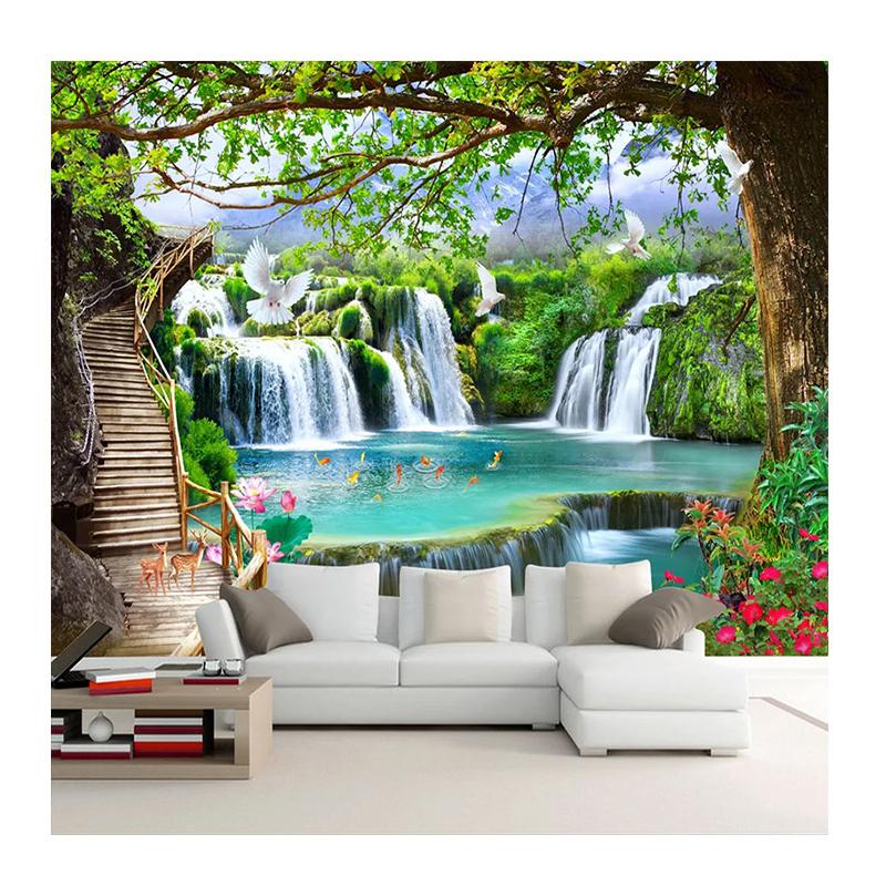 Size Mural Modern 3D Green Tree Wallpaper Waterfalls Landscape Murals Living Room Bedroom Home Decor 3D Wall Stickers