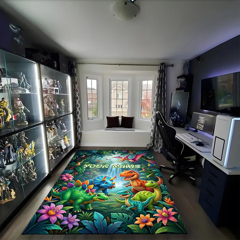 1PC Custom Name Dinosaur Adventure Jungle Theme Floor Mat Ideal for Living Room, Game Rooms, Office, Bedroom,Floor Mat Playful Design