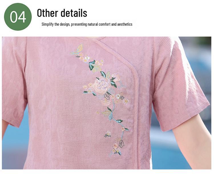 Mid-Aged & Elderly Cotton Linen Embroidered Ethnic T-Shirt