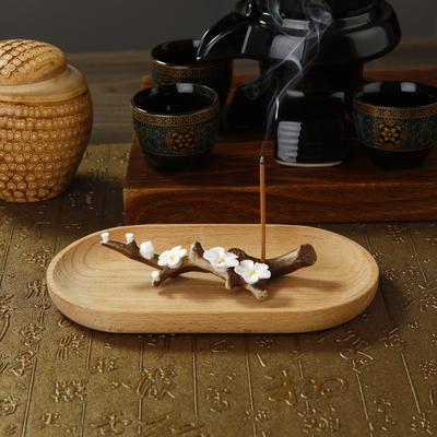 Ceramic Handicraft Simulation Plum Blossom Incense Burner Stick Incense Holder with Wooden Ash Tray Buddhism Supplies Home Decor