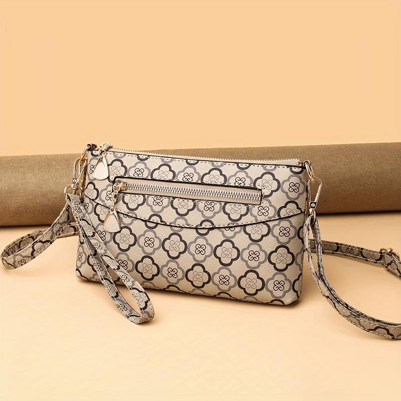 Flower Printed Crossbody Bag, Women's Multi Zipper Clutch Wallet, Fashion Shoulder Purses For Daily Use