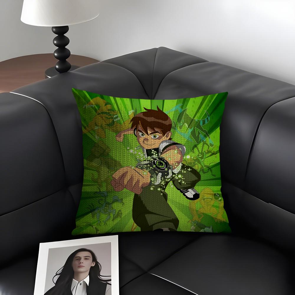 Cartoon B-Ben 10 Cool Cushion Cover Natural Linen Organic Fabric Double-Sided Printing Sofa Home Decor Gift Pillow Case