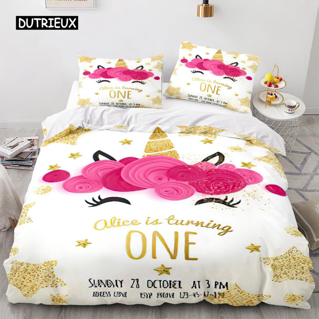 Unicorn Duvet Cover King Queen Cute White Cartoon Animal Bedding Set Children Boys Girl Western Fairy Tale Polyester Quilt Cover
