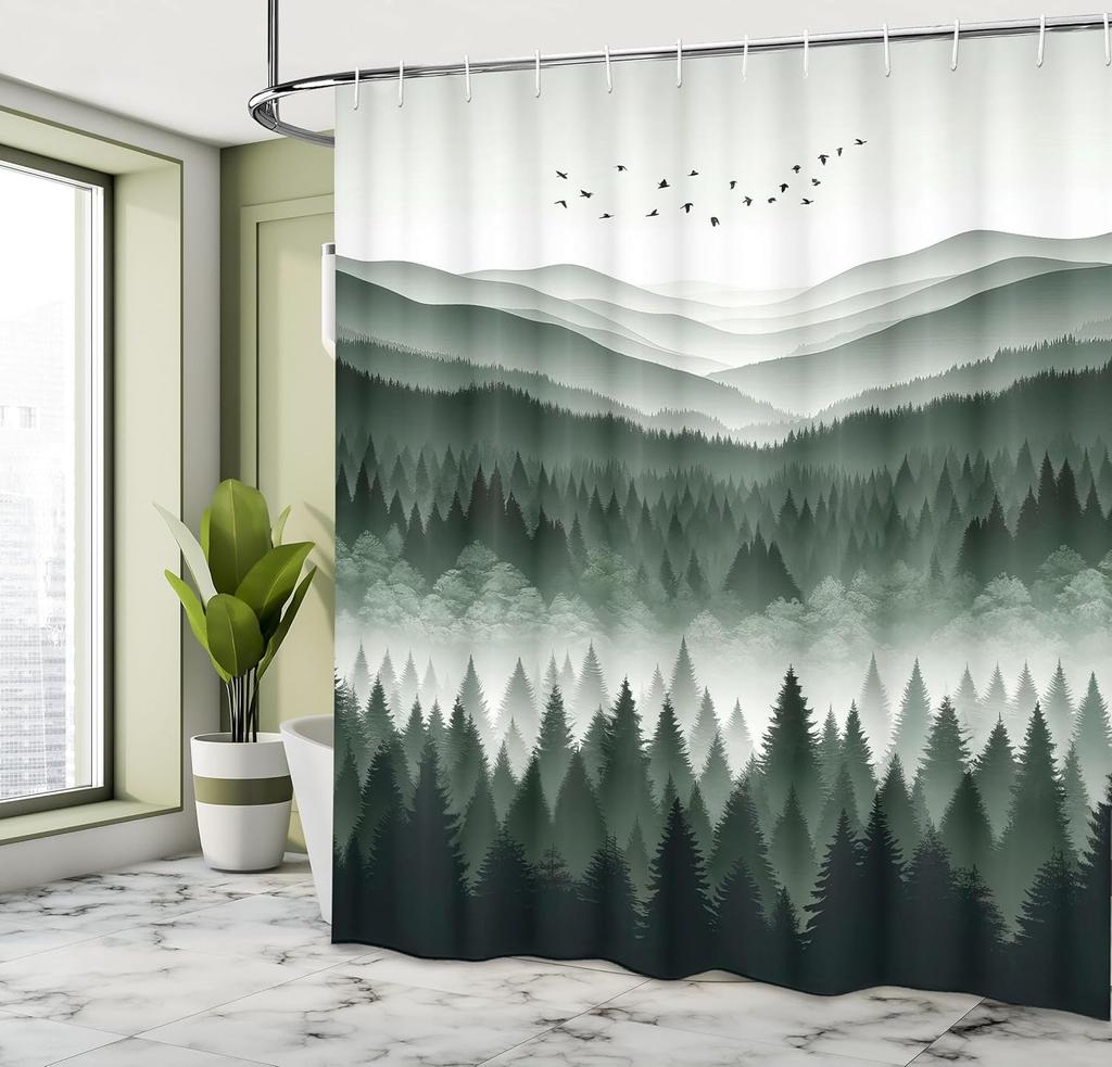 Misty Mountain Shower Curtain Featuring Pine Trees And Bird Silhouettes Serene Scenic View Modern Bathroom Decor Artistic Print