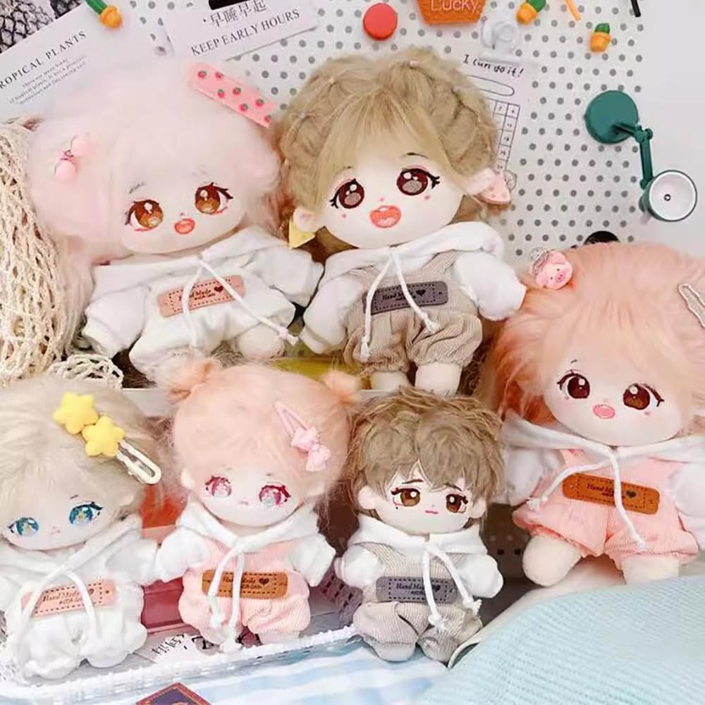niannyyhouse 10cm~15cm 20cm Plush Toy Clothes - White Hoodie, Overalls, Cotton Doll, Dress-up, Accessories (Pink 10cm~15cm)