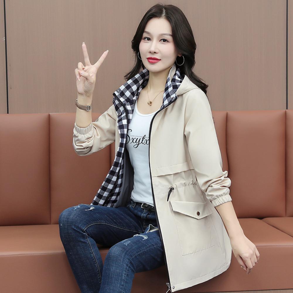 Women's Mid-Length Spring and Autumn Windbreaker – Waist-Designed Fashionable Hooded Plaid Jacket
