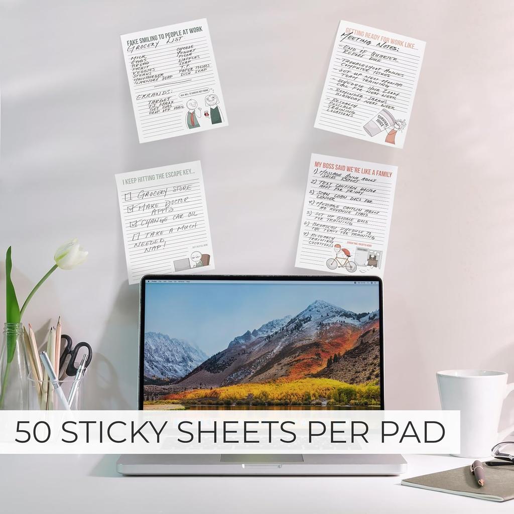 ZICOTO Super Funny Notepads - Hilarious Office Gift for Your Women Coworkers - Set of 4 Office Supplies Memo Pads w/ 4 Assorted Designs, 50 Sheets