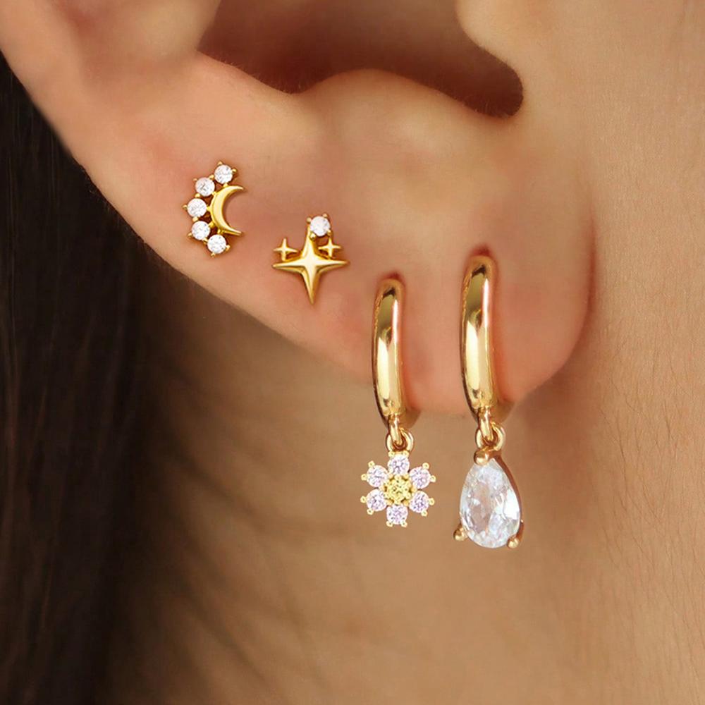 4PCS Luxury Star Moon Stainless Steel Zircon Stud Earrings Set For Women Simple Flower Earring Classic Huggie Daily Jewelry
