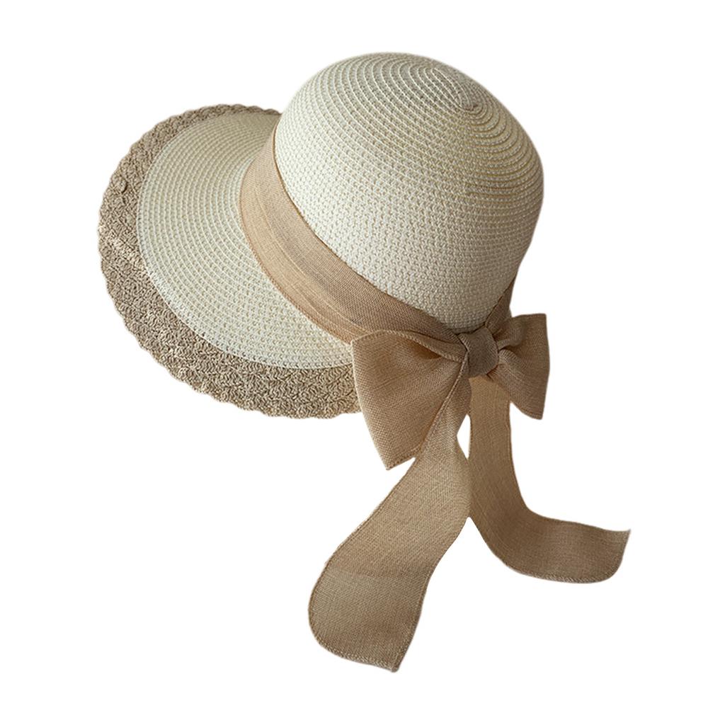 Women Wide Brim Straw Hat Lace Edge Design Beach Caps with Bowknot for Outdoor Sports Hiking Travel