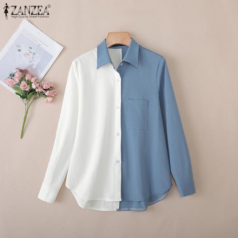 ZANZEA Women Casual Turn Down Collar Loose Long Sleeve Patchwork Blouse