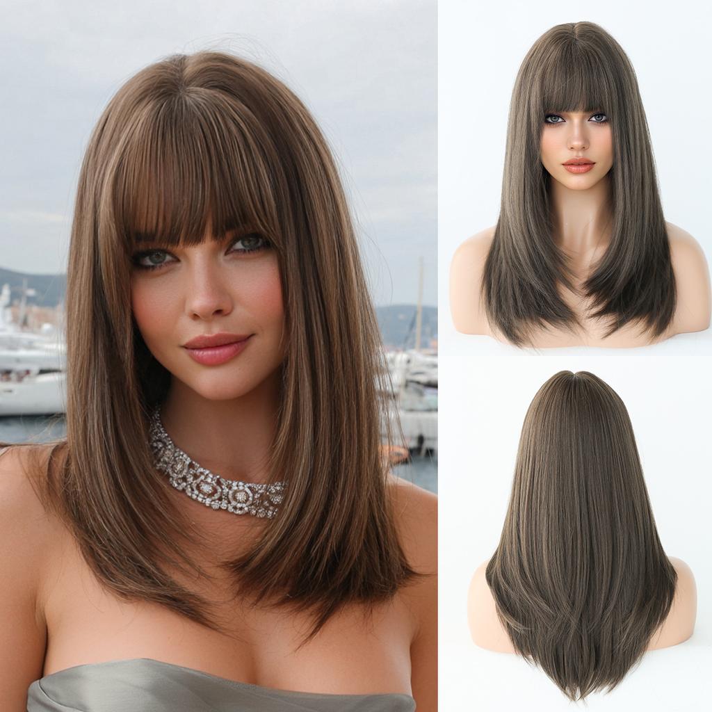 High Quality 20 Inch Shoulder Length Wig Women Natural Black Layered Full Head Cover Bangs Straight Hair Export