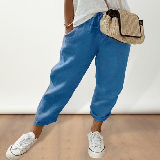 Women Casual Pants Solid Color Loose Fit Long Trousers Elastic Waistband Adjustable Drawstring Pants with Pockets