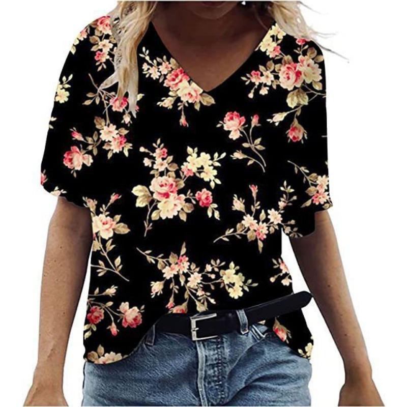 Summer V-neck 3D Feather Flower Printed Top Fashionable Casual Short Sleeved Women's T-shirts