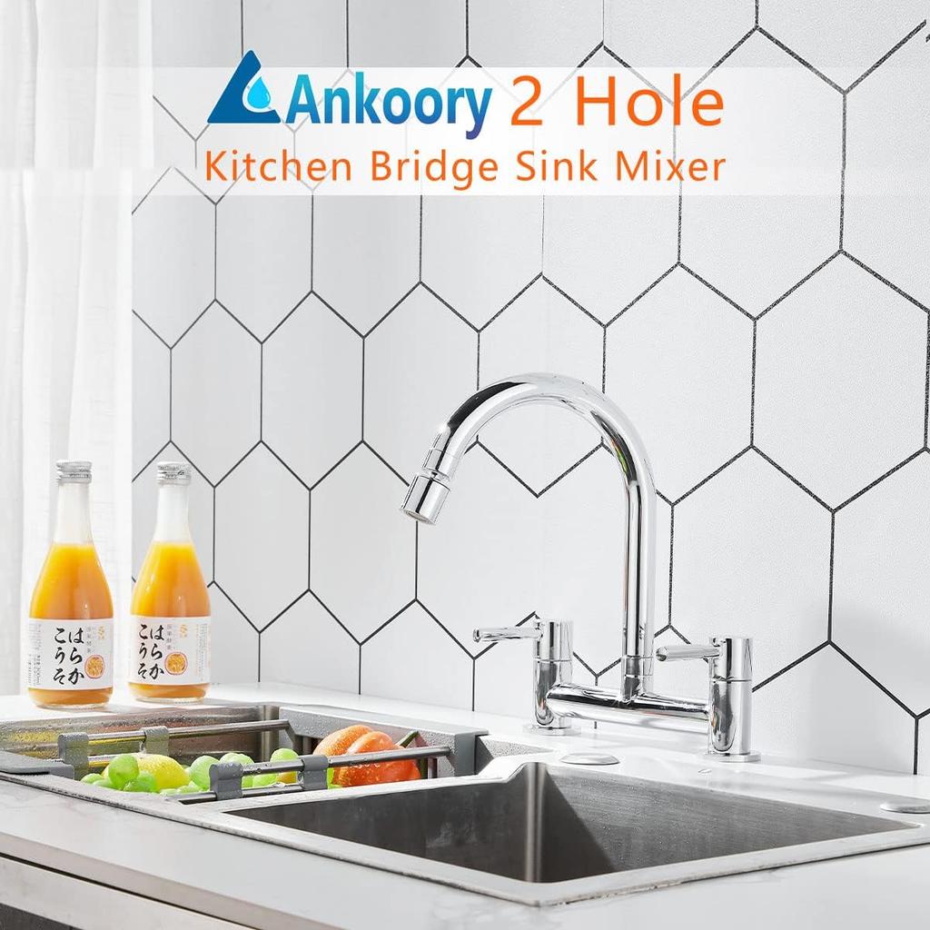 Kitchen Bridge Mixer Taps with 360° Swivel Spout, 2 Hole Sink Mixer Taps Dual Levers Faucet, 180 mm Centers Deck Mounted Chrome Sink Tap 2 Function