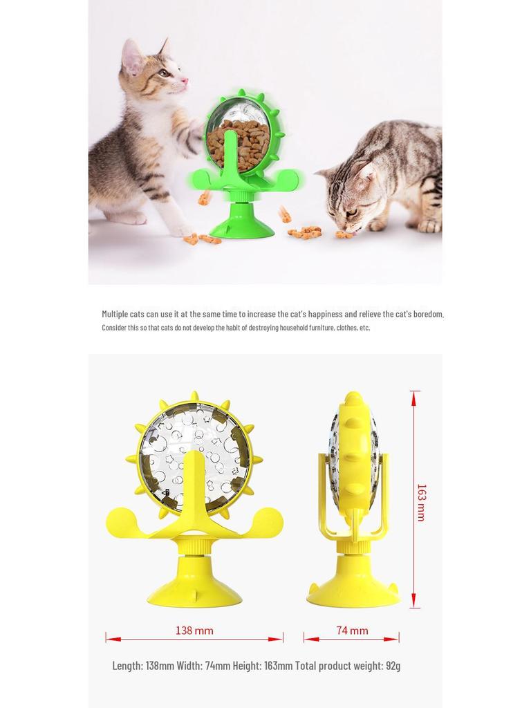 Cat Toy Turntable: Spinning Windmill, Treat Dispenser, Teaser Wand, and Teaser Stick.