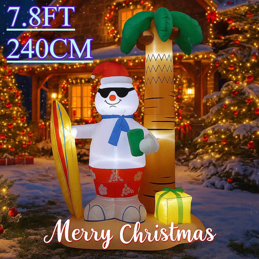 7.8FT Xmas Holiday Inflatable Yard Decor Surfing Snowman Palm Tree LED Hristma Home Decor Ornament Festive Toy Gift Decoration