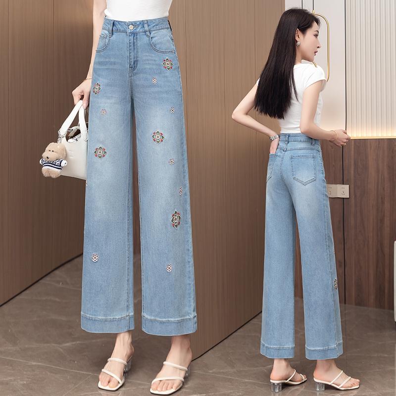 Embroidered nine-point denim wide-leg pants women's summer thin new high-waisted thin loose small straight-leg pants
