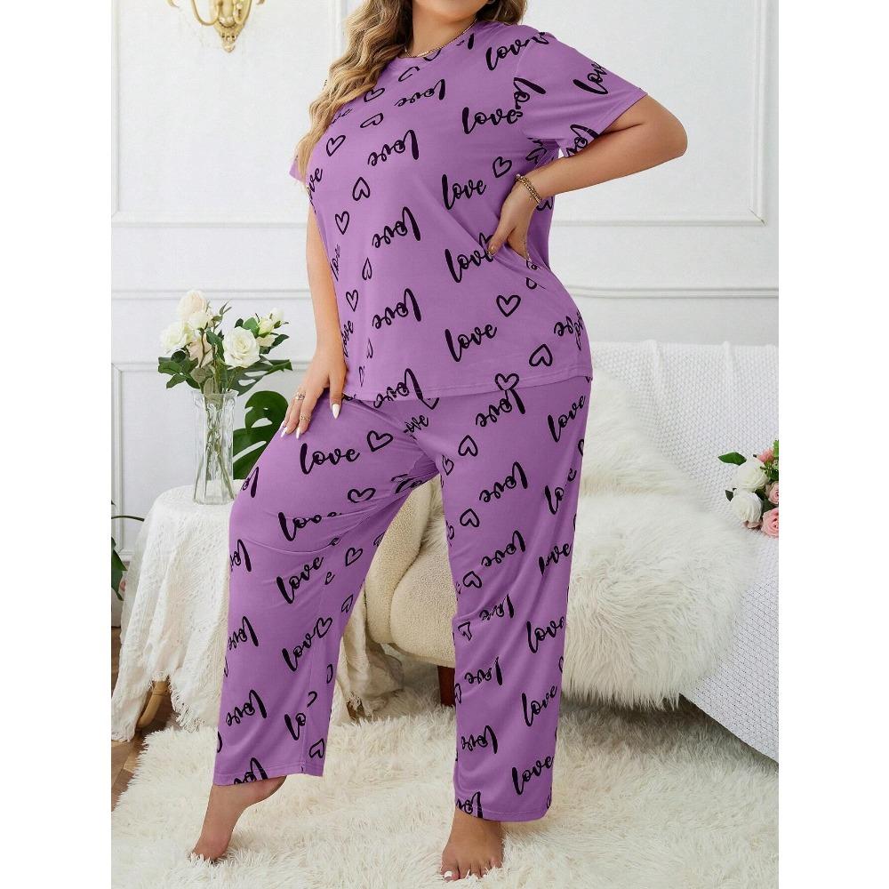 Plus Size 3XL 4XL 5XL Sleepwear Heart Letters Print 2 PCS Pajama Set Women's Casual Short-Sleeve Top and Pants Loungewear