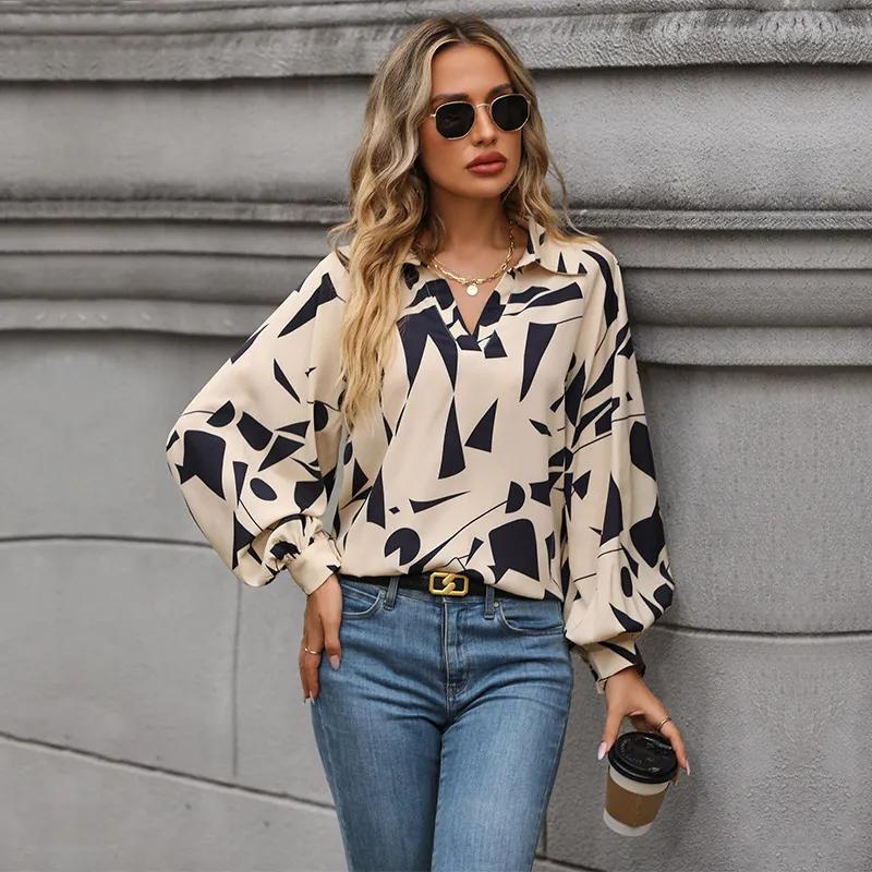 Camisas estampadas de manga larga de otoño para mujer, Blusas con cuello vuelto a la moda, camisas holgadas informales para mujer, Blusas elegantes para mujer 29456