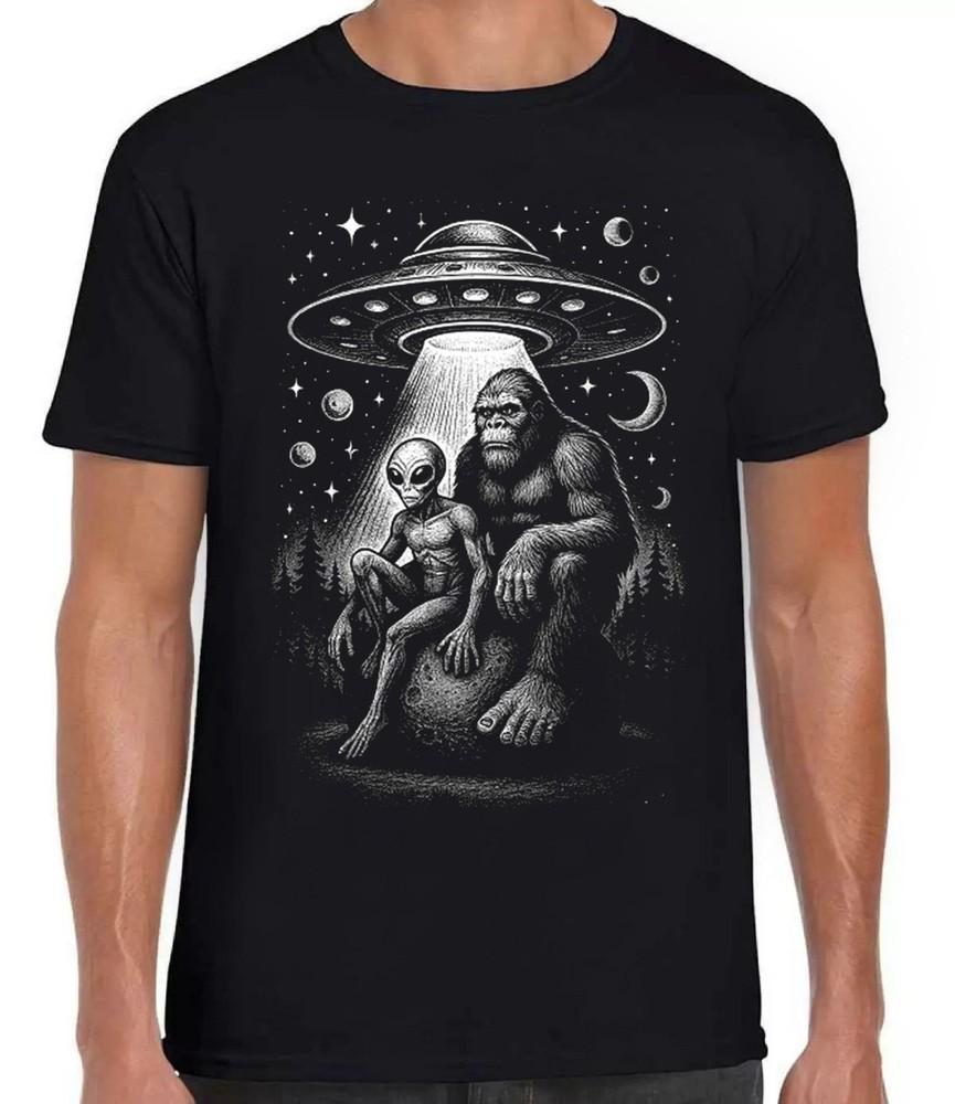

Bigfoot Alien And UFO in Forest Night Believe Funny Gift Black T Shirt 441 S