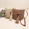 Pu Leather Weave Straw Crossbody Bag Wood Bead Tassels Beach Bag Fashion Raffia Bag  Shopping