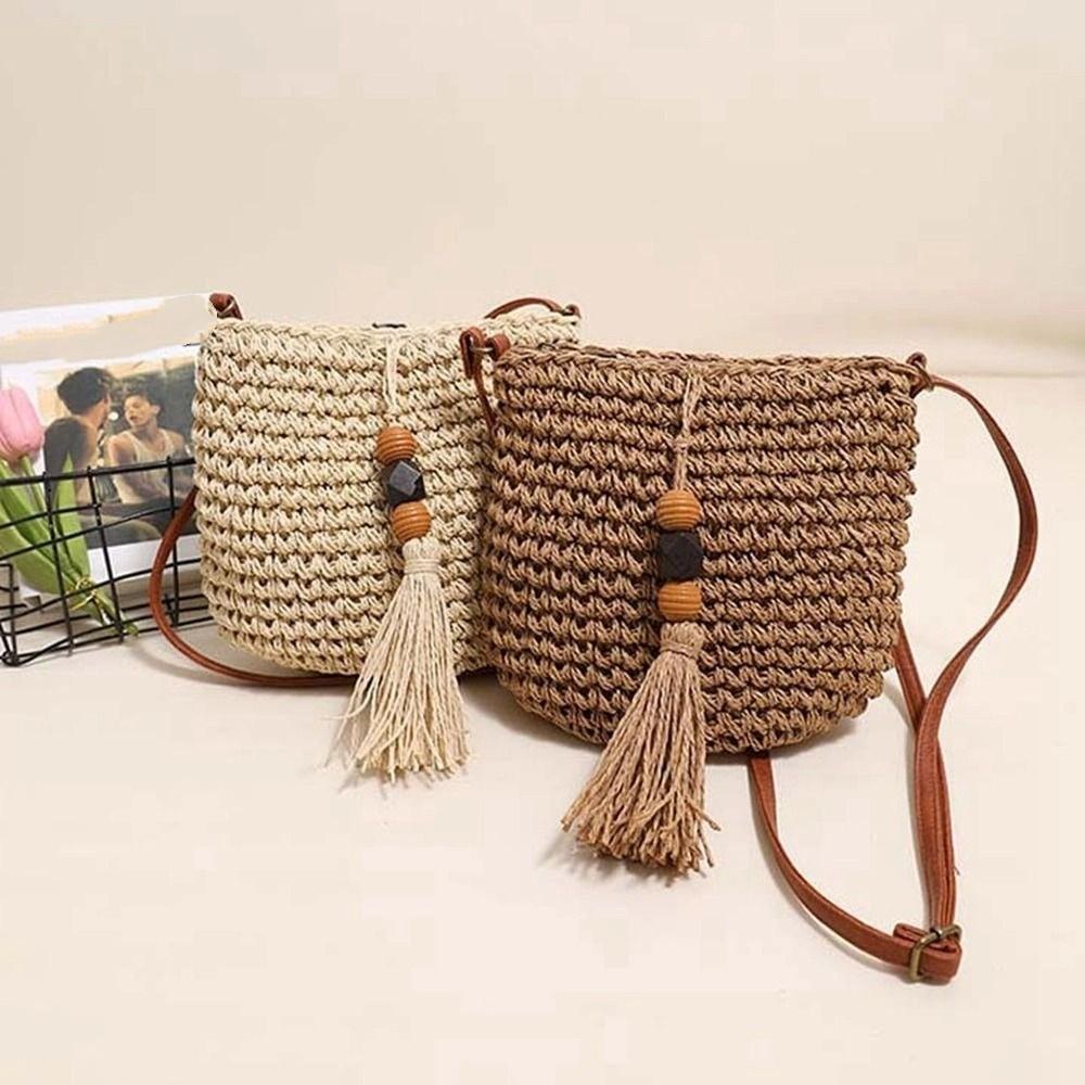 Pu Leather Weave Straw Crossbody Bag Wood Bead Tassels Beach Bag Fashion Raffia Bag  Shopping