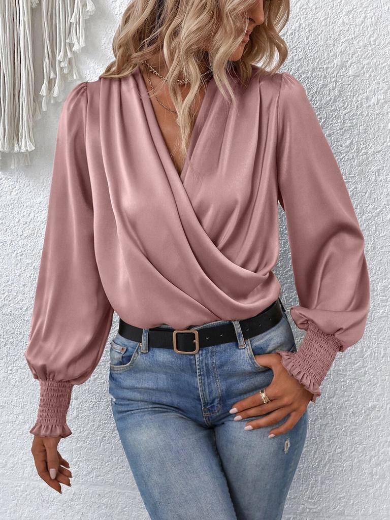 Women's V-Neck Ruffle Front Long Sleeve Blouse, Elegant Peasant Tops with Puff Cuff