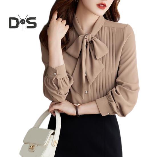 Women Shirt Stand Collar Lace-up Bowknot Long Sleeve Pleated Pullover Tops Solid Color Loose Fit Chiffon Blouse