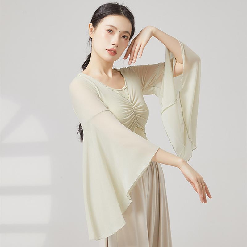 

Classical Dance Top Women Flared Sleeve Shirt Spliced Mesh Training Performance Competition Costume Flowy Chinese Folk Dancewear XL зелений