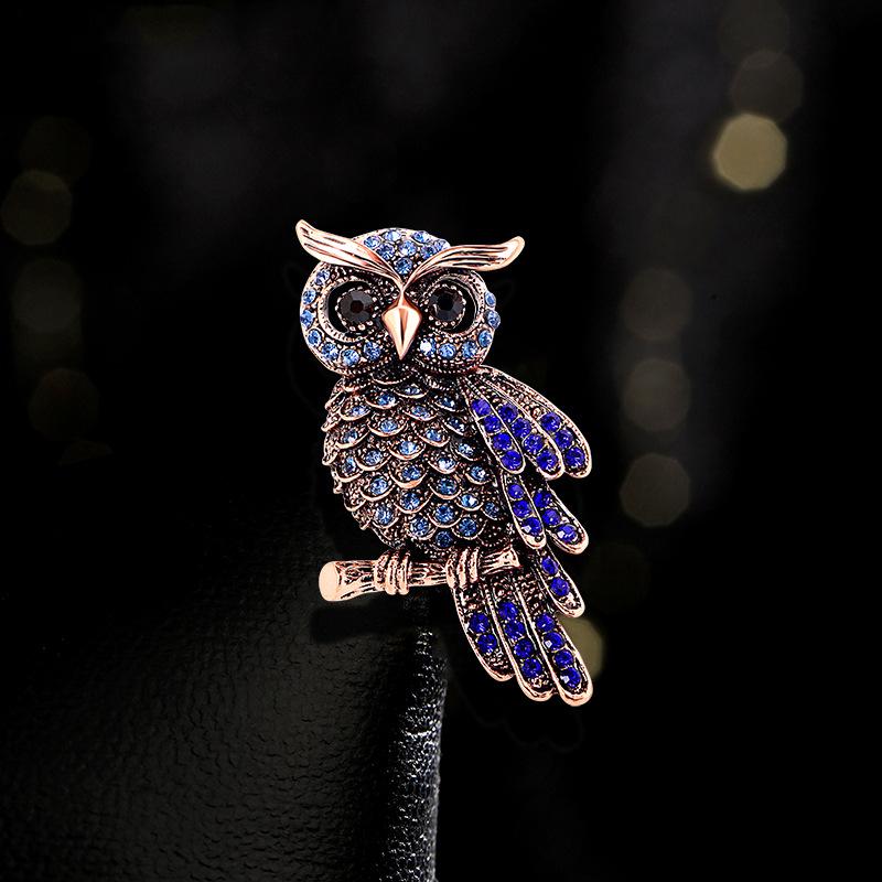 High-end Luxury Full Blue Owl Women's Accessories Retro Owl Brooch