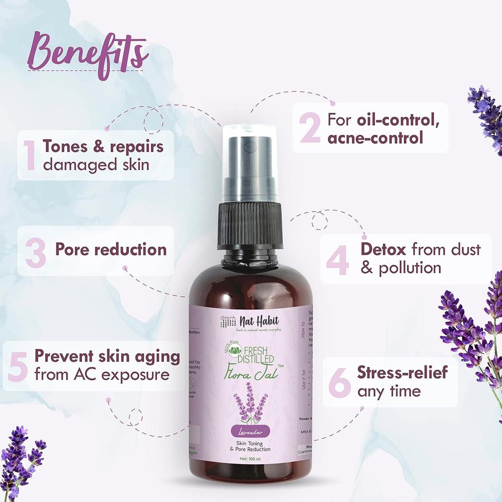 Nat Habit Pure Lavender Water Face Mist For Skin Hydration And Oil Control Ayurvedic Steam Distilled Toner Spray Pack of 2, 100 Ml