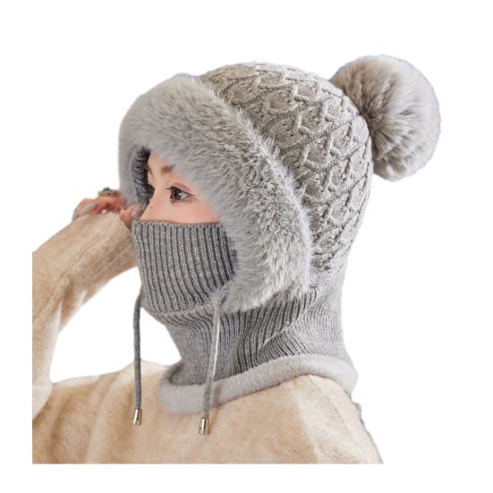 Knitting Hat Women Windproof Insulated Design Winter Hat with Plush Ball Unique Texture 3-in-1 Thickened Hat Face Guard Scarf