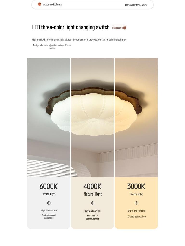 Retro Cream Style Walnut Ceiling Light - New Chinese Design for Bedroom & Study, Eye Protection.