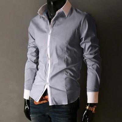 Fall Spring Men Formal Shirt Turn-down Collar Single-breasted Contrast Color Slim Fit Long