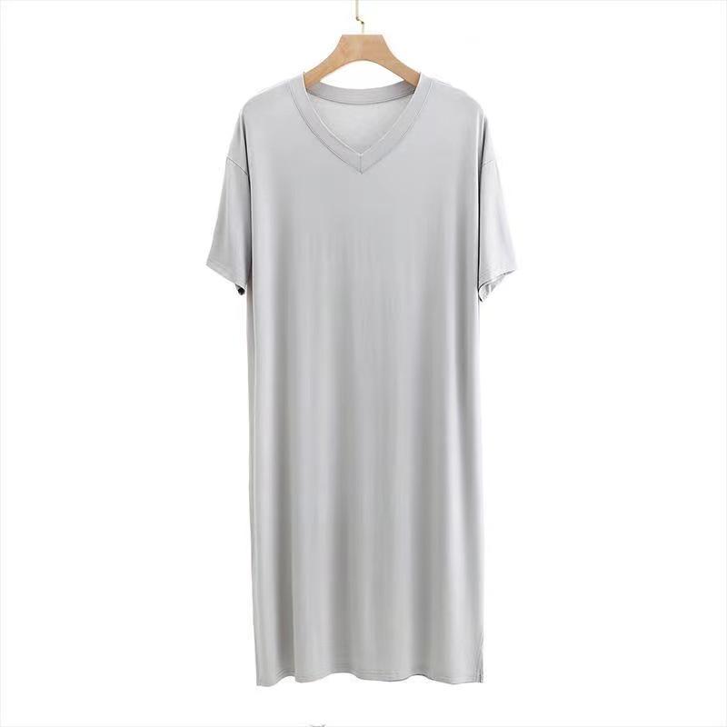 Men's Long Modal Nightgown - Short Sleeve V-Neck