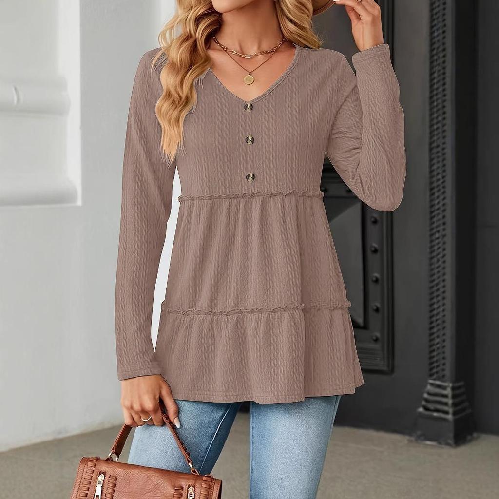 2024 Autumn/Winter V-neck Button Patchwork Loose Long Sleeve T-shirt