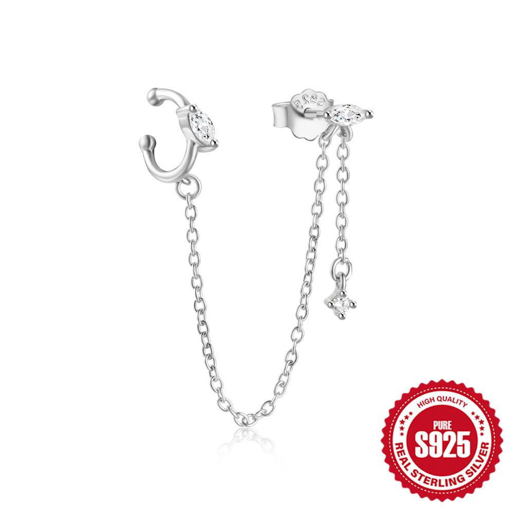 Fashion S925 Sterling Silver Ins Wind Chain Tassel Diamond Opal Opal Earline Stud Earrings