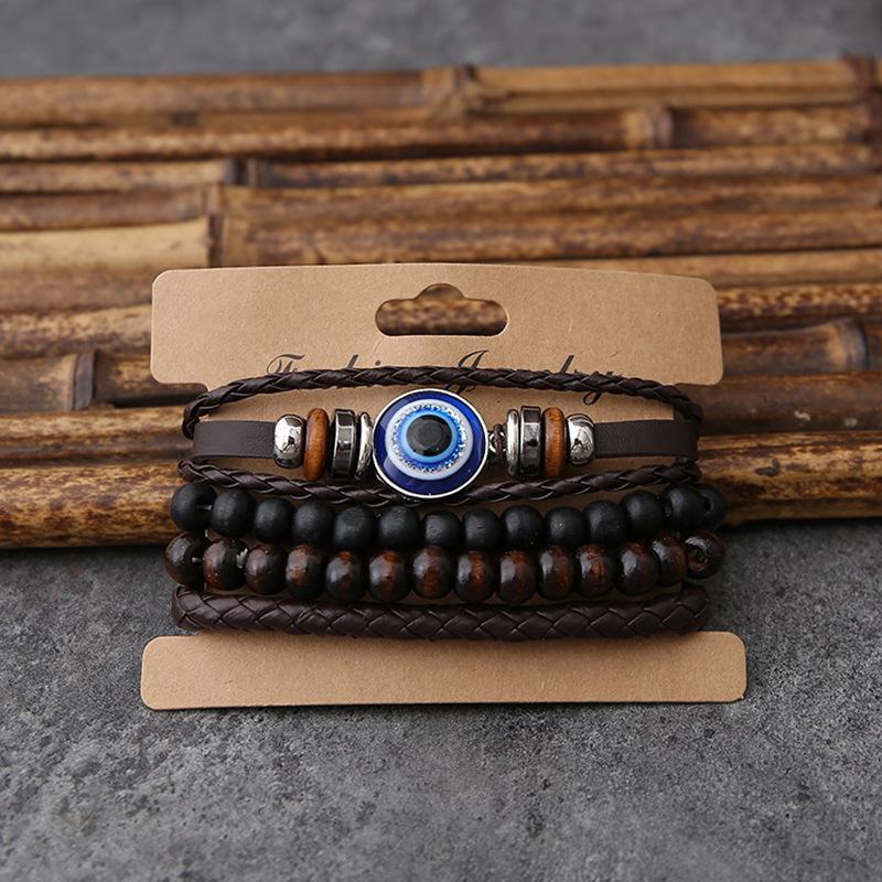 Vintage Pánská 4dílná sada náramků z hovězí kůže a konopného provazu