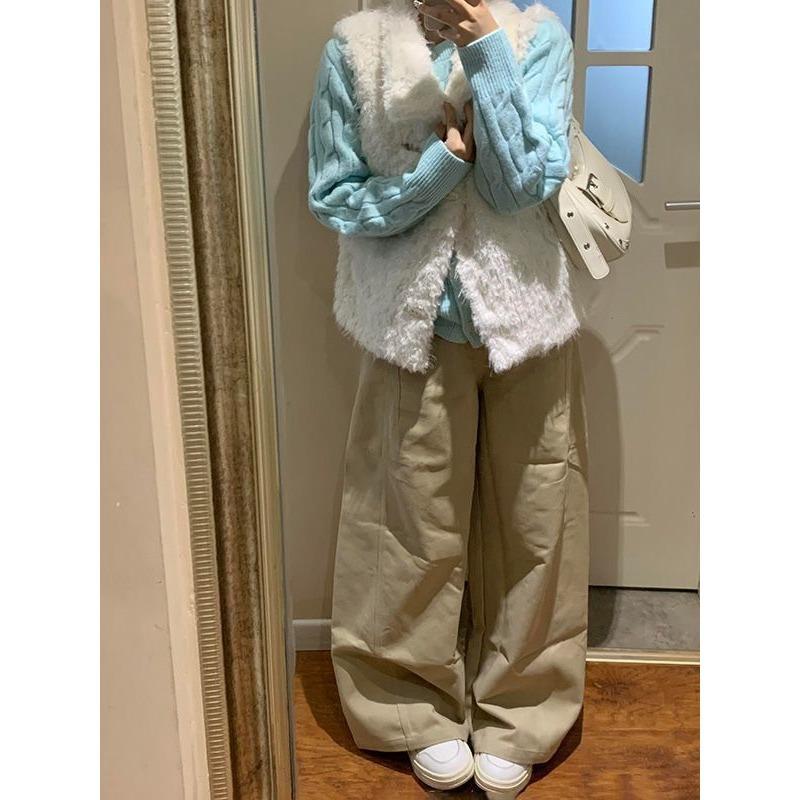Französisches High-End vielseitige Plüschweste Weste Jacke + blaues Zopfstrick Cardigan Pullover Zweiteiler Set