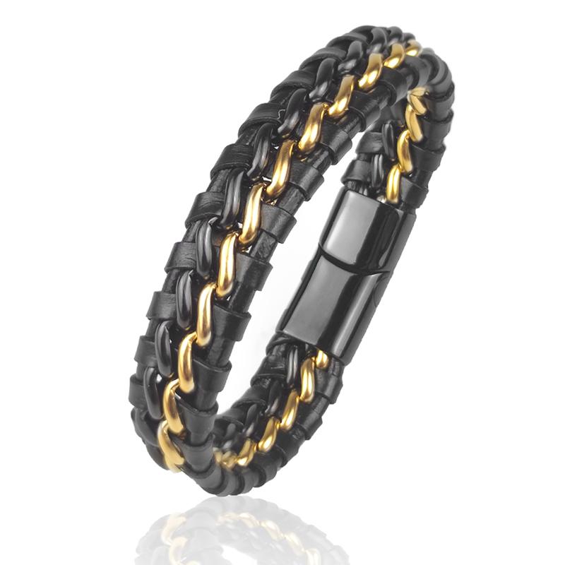 Genuine Leather Chain Bracelet for Men Magnetic Stainless Steel Clasp in Plated Gold Exclusive Jewellery Gift Dropping
