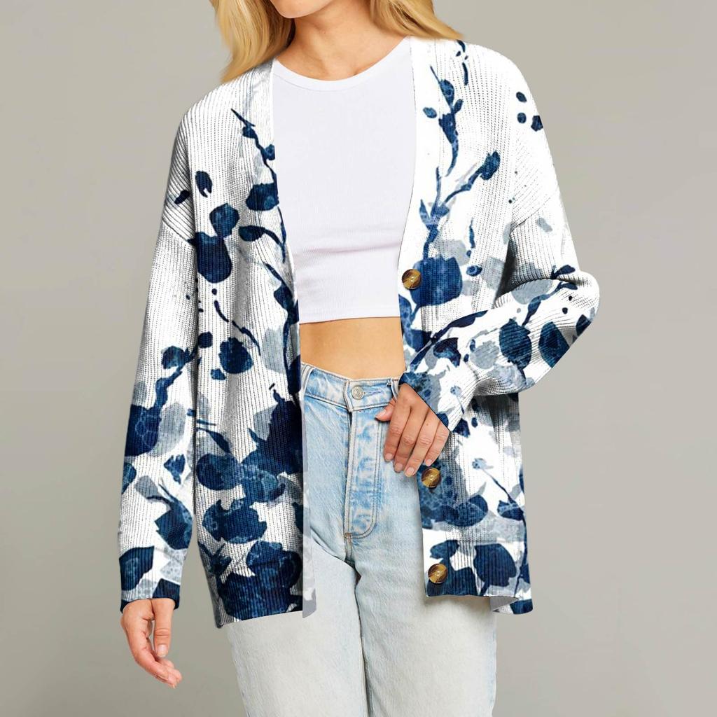 Women's Fashion Long Sleeve Print V-Neck Button Loose Cardigan Top