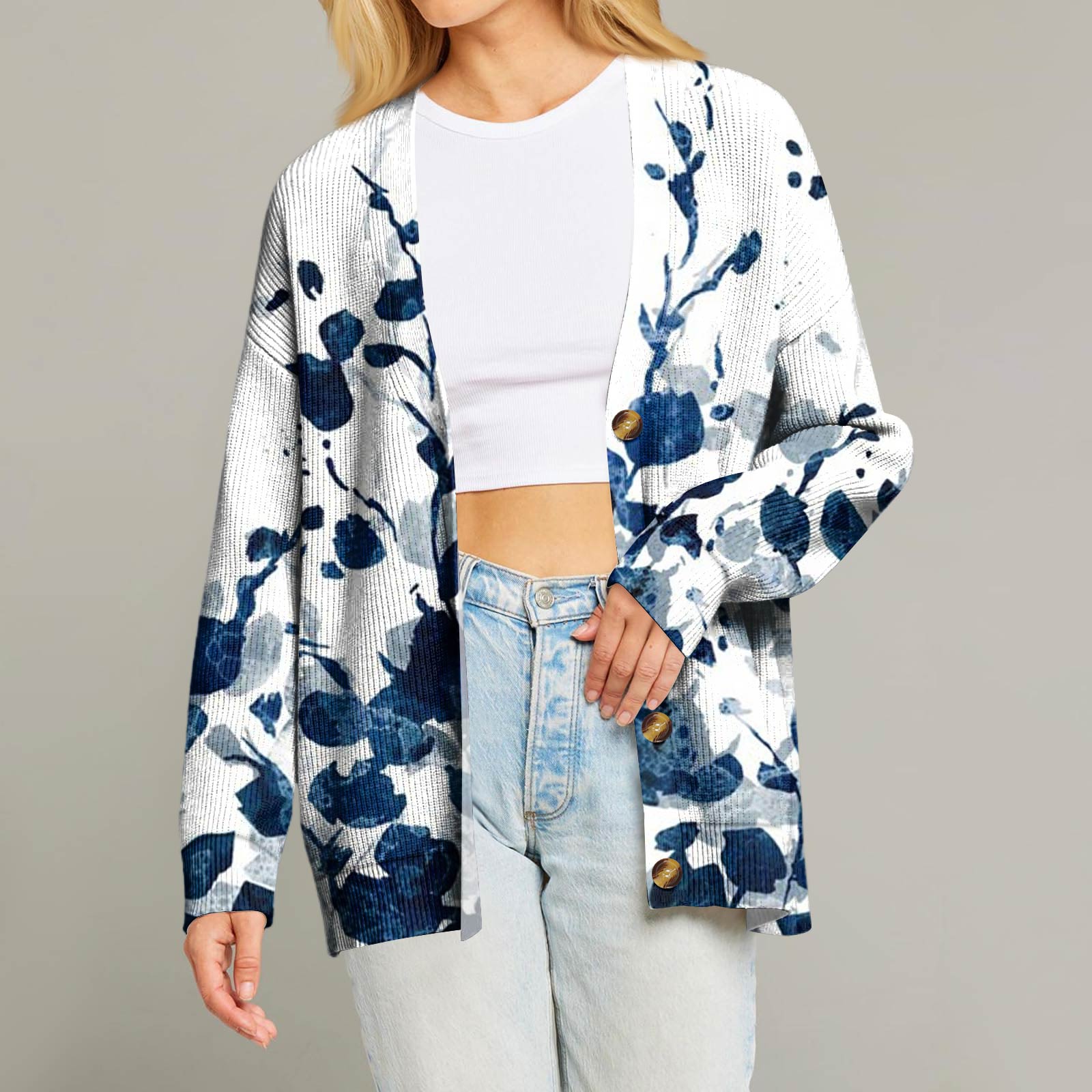 

Женский модный кардиган с длинным рукавом, принтом, V-образным вырезом, на пуговицах, свободного кроя XL синий