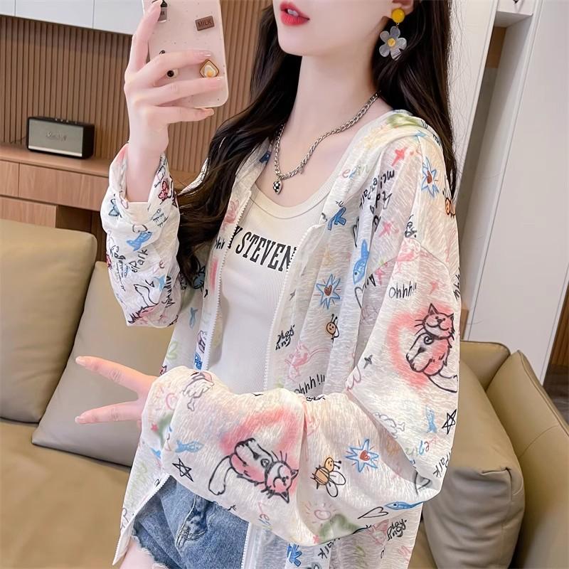 Women's Summer Ice Silk Sun Protection Jacket Thin Breathable Hooded UV Protection Coat Casual Air Conditioner Cardigan Outerwear