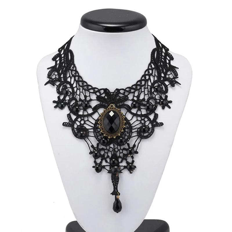 Collares Sexy Gothic Chokers Crystal Gear Chain Black Lace Neck Choker Necklace Vintage  Women Chocker Steampunk Jewelry