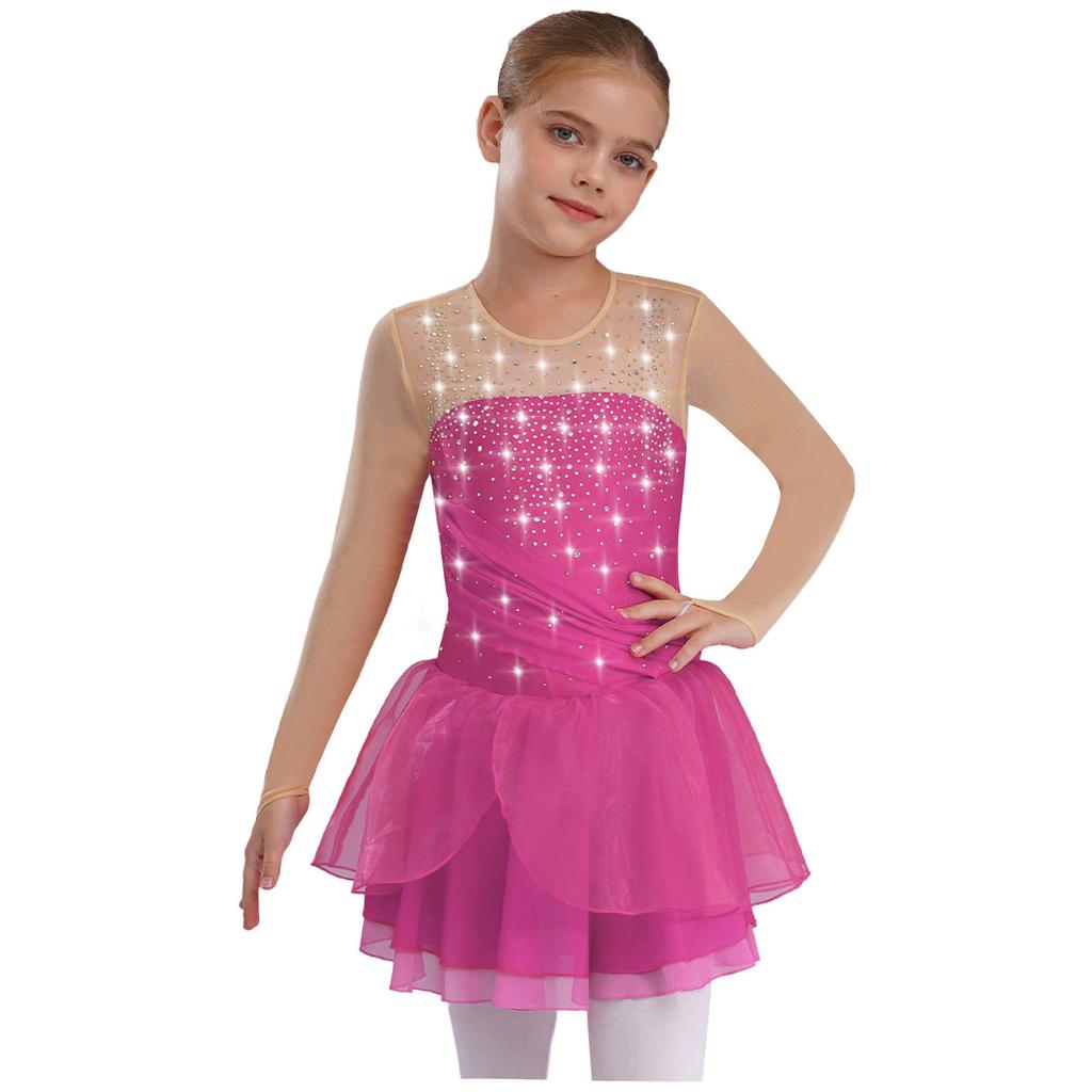 Girls Figure Skating Dress Glittery Rhinestones Sheer Mesh Long Sleeves Cutout Back Lyrical Performance Gown